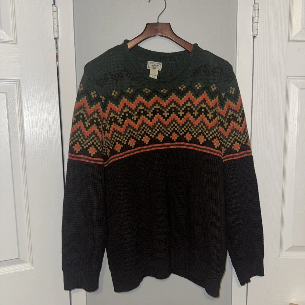 LL Bean Organic Cotton Fisherman Waffle Knit Fair Isle Sweater Men's  Sz XXL